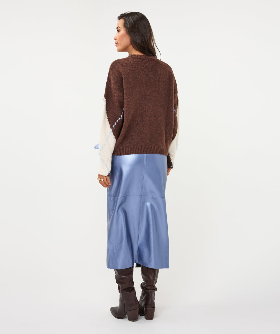ESQUALO MAISIE Chocolate Brown, Cream & Slate Blue Argyle Knit Sweater
