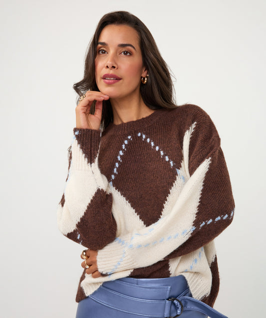 ESQUALO MAISIE Chocolate Brown, Cream & Slate Blue Argyle Knit Sweater
