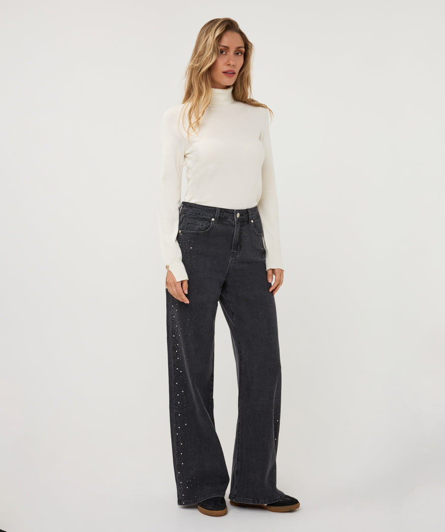 ESQUALO JAMIE Black Rhinestone Embellished Wide Leg Jeans