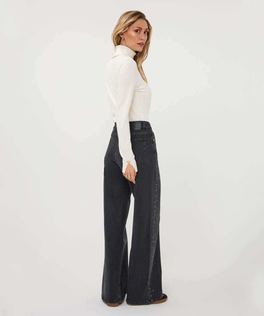 ESQUALO JAMIE Black Rhinestone Embellished Wide Leg Jeans