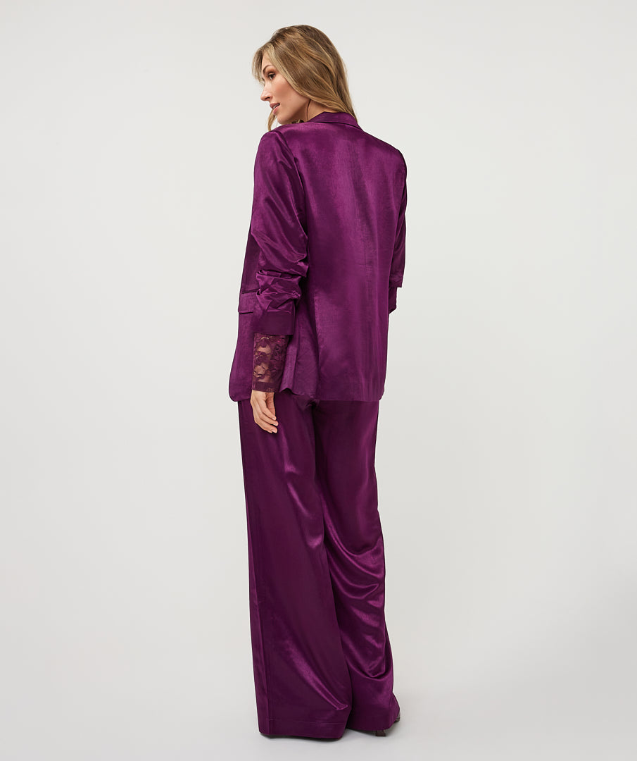 ESQUALO DAKOTA Beetroot Burgundy Purple Satin Wide Leg Trousers