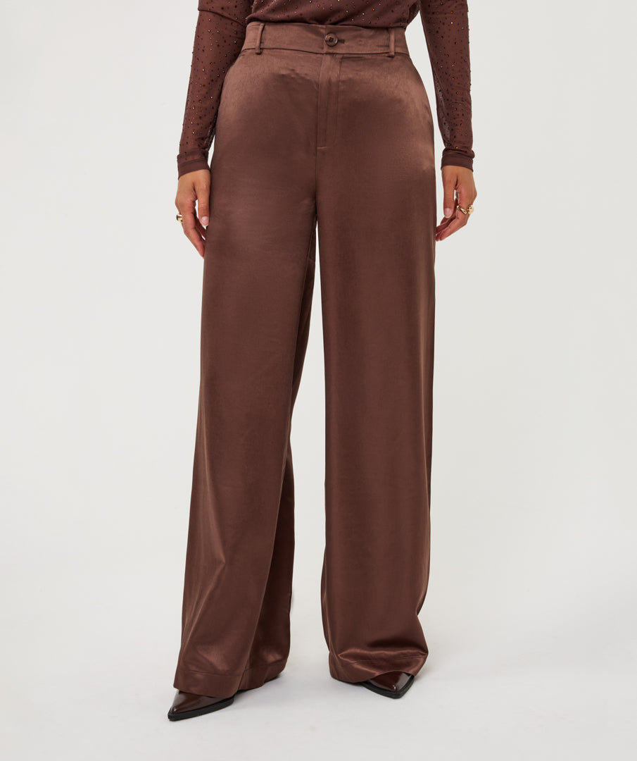 ESQUALO DAKOTA Cinnamon Coffee Brown Satin Wide Leg Trousers