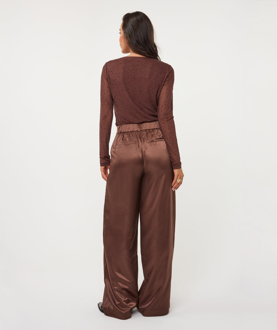 ESQUALO DAKOTA Cinnamon Coffee Brown Satin Wide Leg Trousers