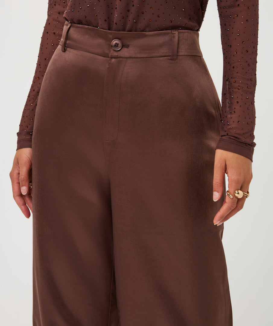 ESQUALO DAKOTA Cinnamon Coffee Brown Satin Wide Leg Trousers