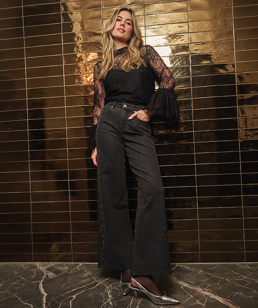 ESQUALO JAMIE Black Rhinestone Embellished Wide Leg Jeans