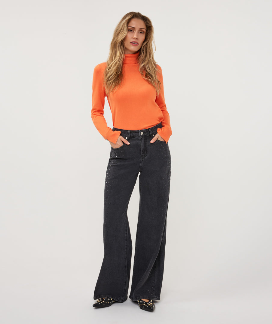 ESQUALO JAMIE Black Rhinestone Embellished Wide Leg Jeans