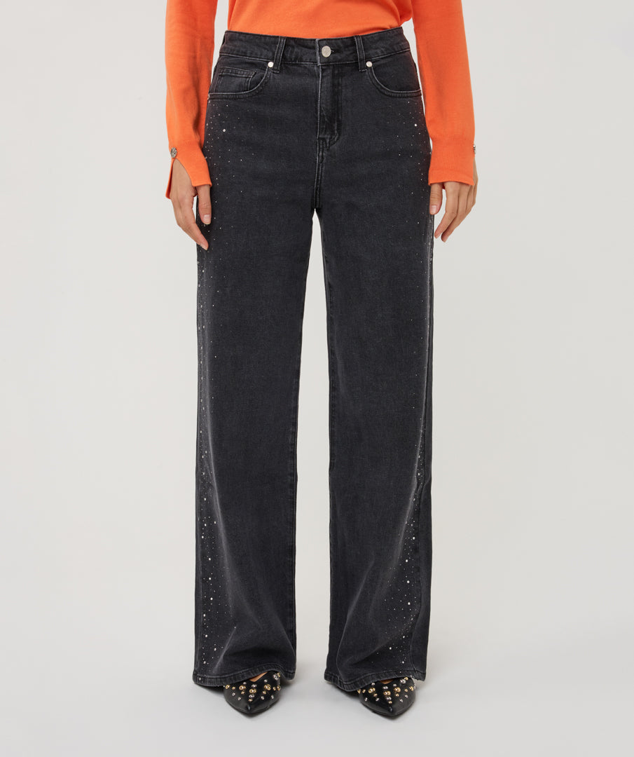 ESQUALO JAMIE Black Rhinestone Embellished Wide Leg Jeans