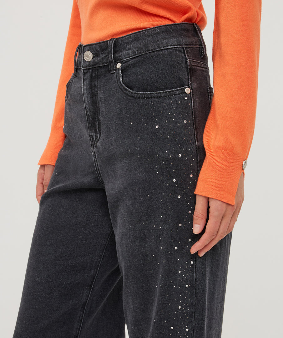 ESQUALO JAMIE Black Rhinestone Embellished Wide Leg Jeans