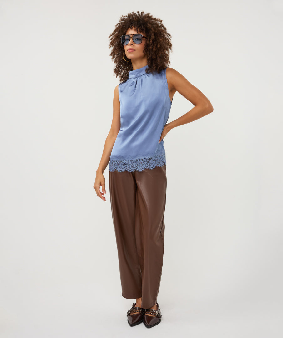 ESQUALO PHOEBE Slate Blue Satin Lace Top