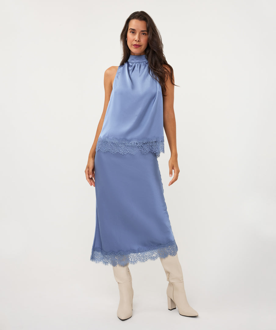 ESQUALO PHOEBE Slate Blue Satin Lace Top