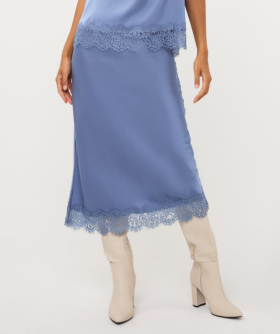 ESQUALO PHOEBE Slate Blue Satin Lace Midi Skirt