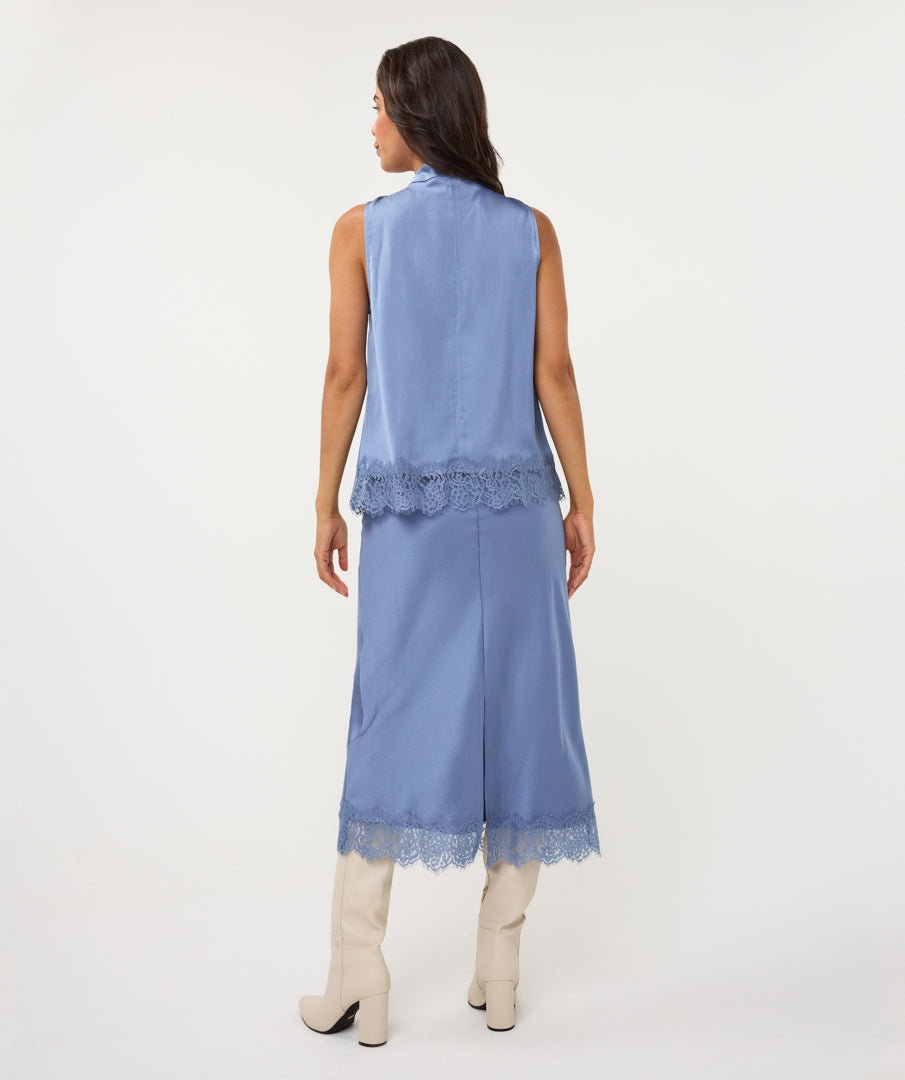 ESQUALO PHOEBE Slate Blue Satin Lace Midi Skirt