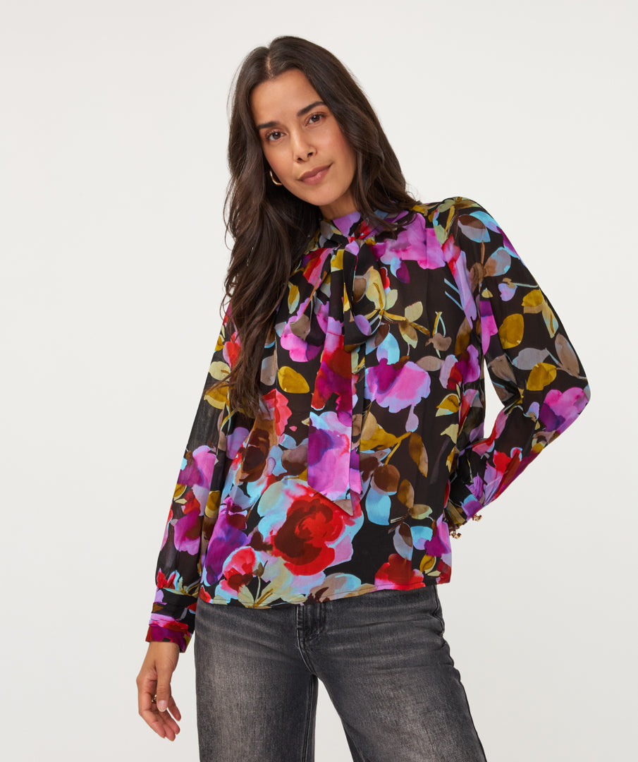 ESQUALO BLOSSOM Multicolor Floral Bow-Tie Blouse