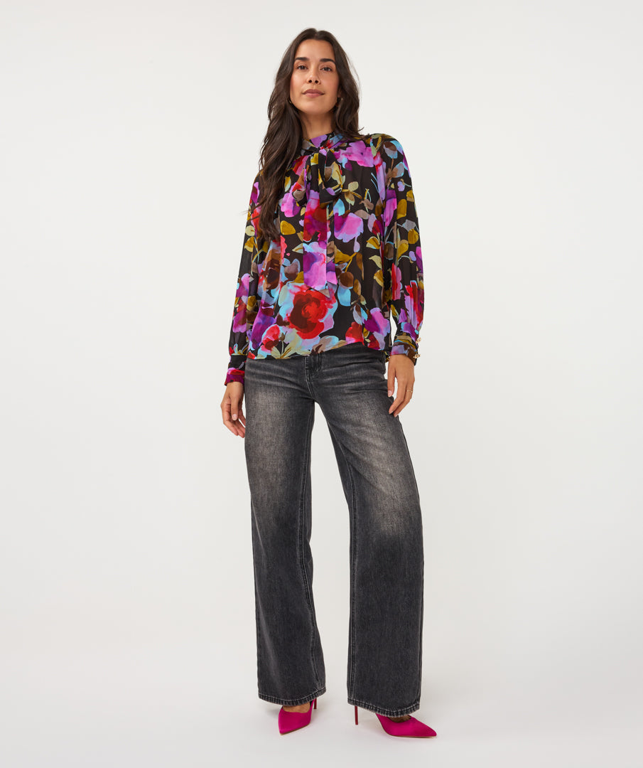 ESQUALO BLOSSOM Multicolor Floral Bow-Tie Blouse