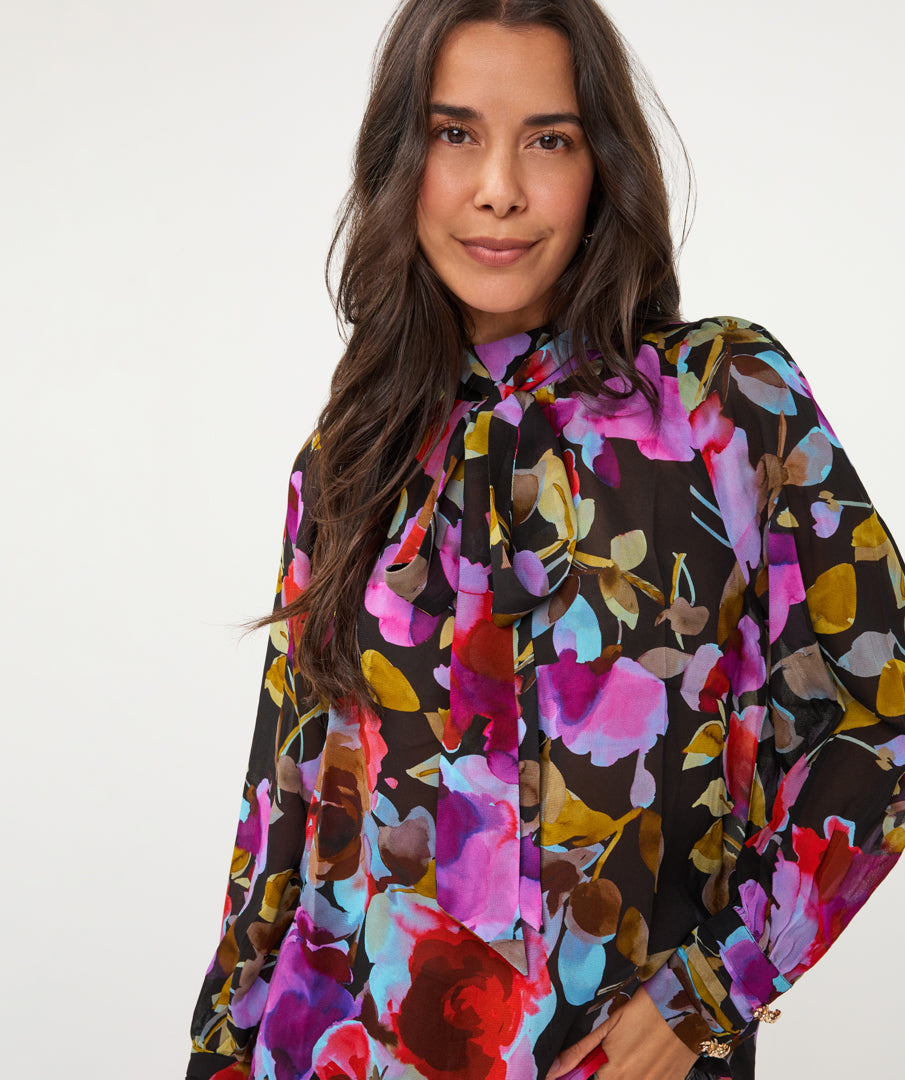 ESQUALO BLOSSOM Multicolor Floral Bow-Tie Blouse