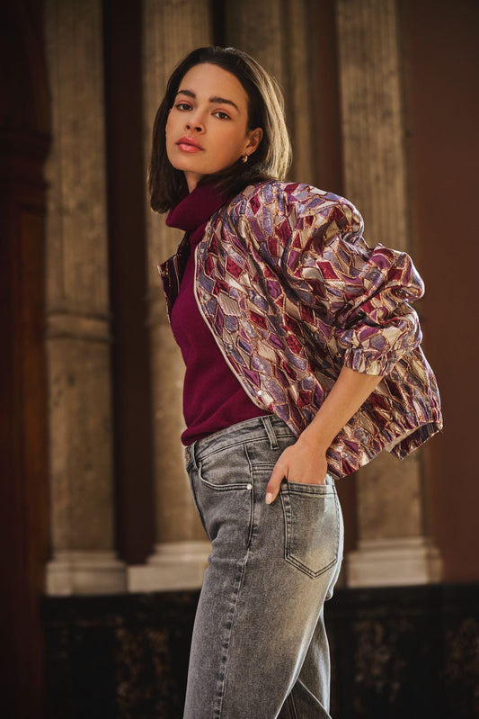 ESQUALO REINA Metallic Mosaic Jewel-Tone Bomber Jacket