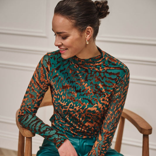 ESQUALO EMBERLY Copper & Teal Leopard Print Mesh Longsleeve Top