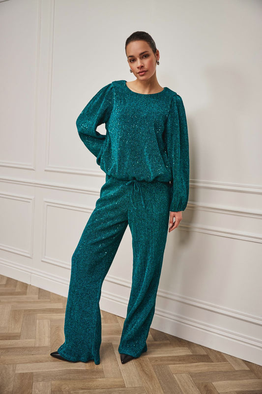 ESQUALO SAFIA Teal Lurex Sparkle Crinkle Trousers