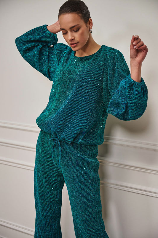 ESQUALO SAFIA Teal Lurex Sparkle Crinkle Blouse