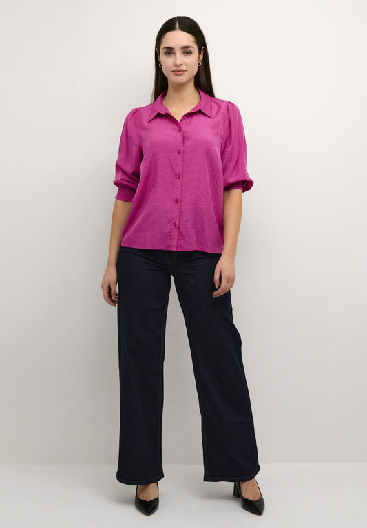 KAFFE CATIA Fuchsia Pink 3/4 Sleeve Button Down Blouse