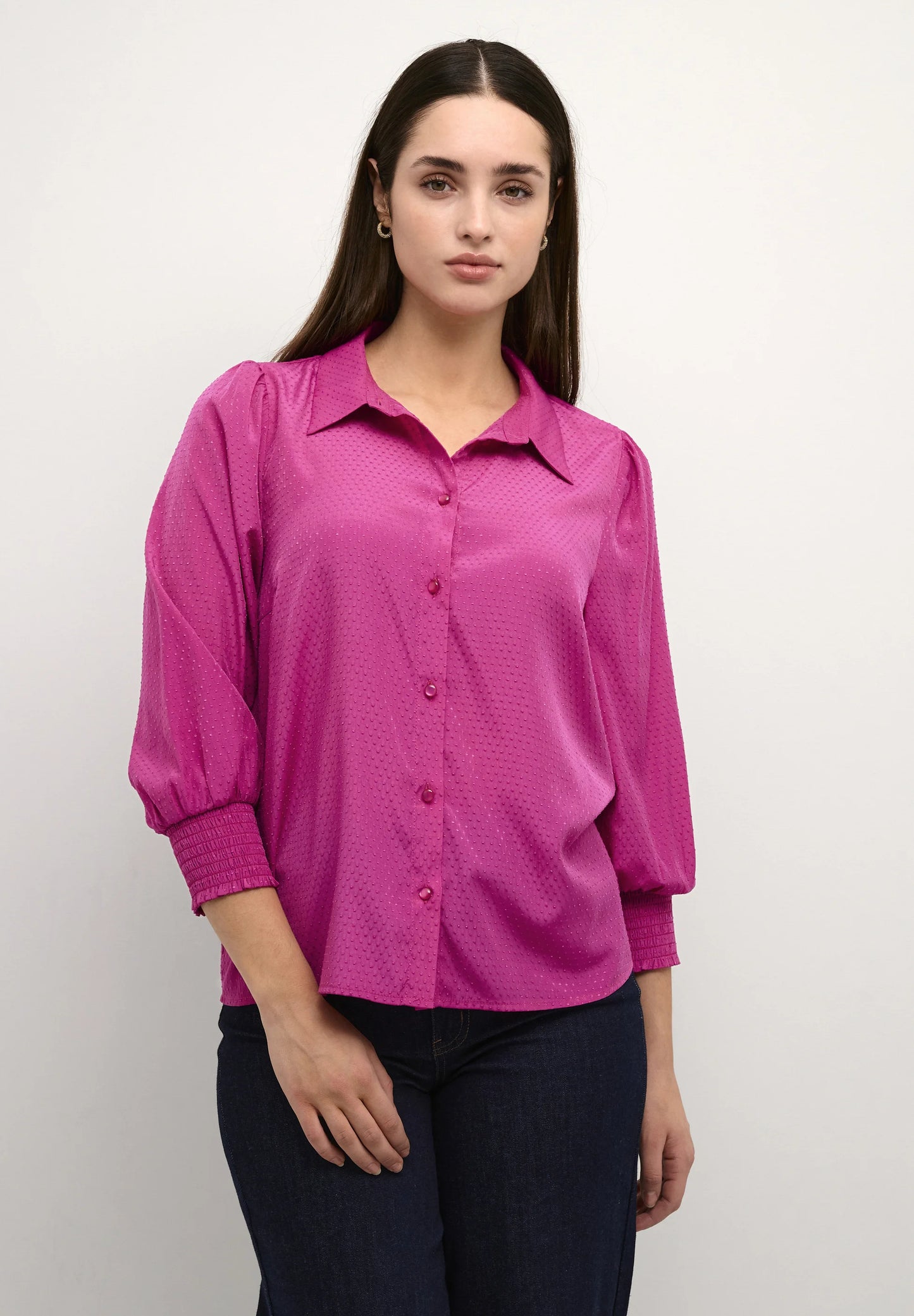 KAFFE CATIA Fuchsia Pink 3/4 Sleeve Button Down Blouse