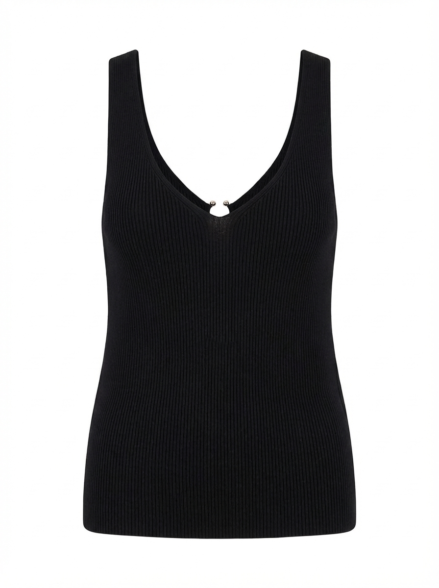 ESQUALO LEA Ribbed Knit Tank – Black Lurex Hook Detail Fitted Top