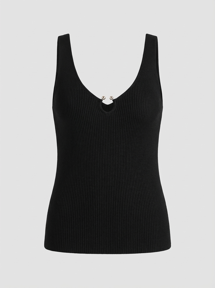 ESQUALO LEA Ribbed Knit Tank – Black Lurex Hook Detail Fitted Top