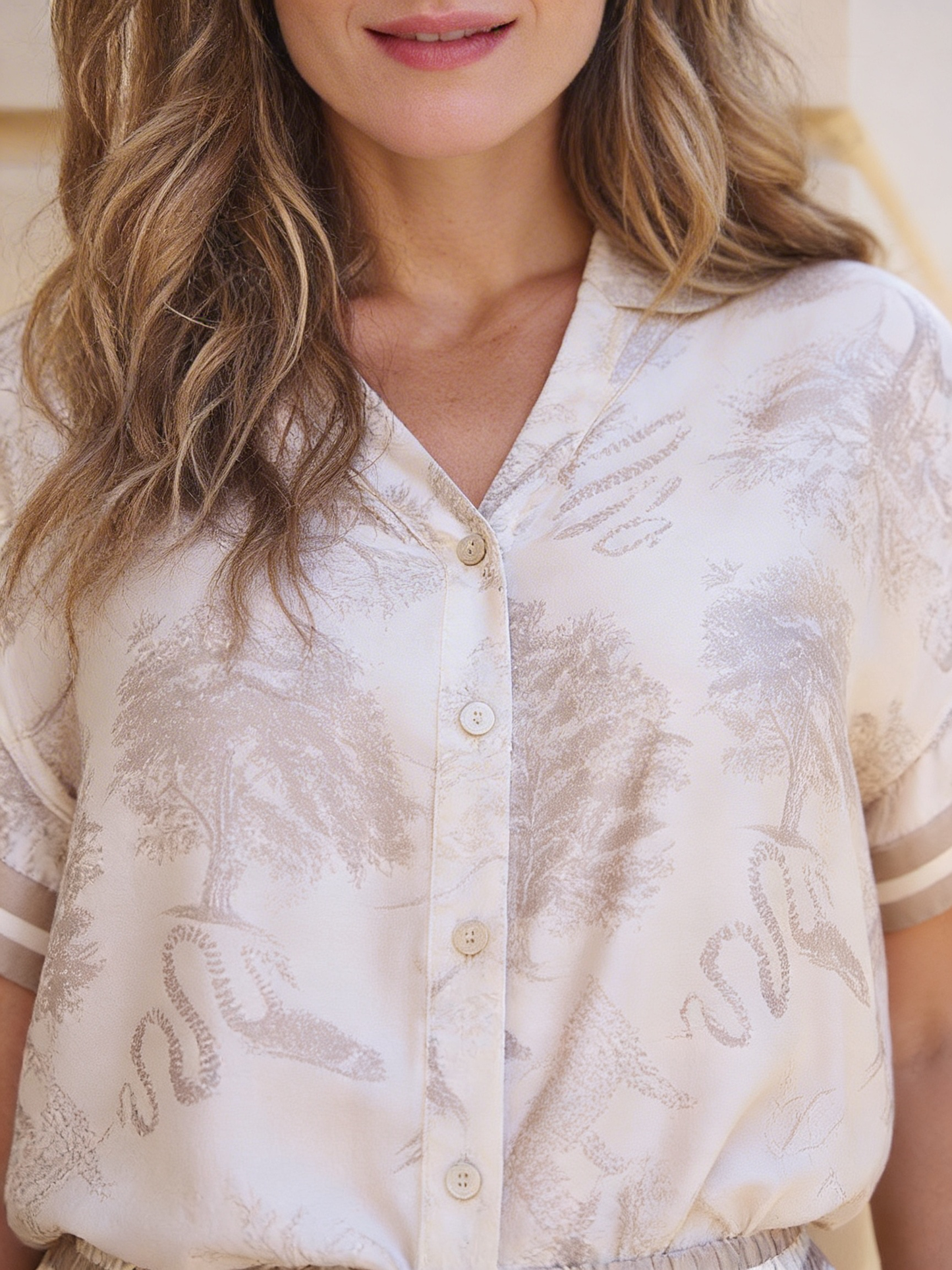 ESQUALO EDEN Safari Satin Blouse – Silky Soft Neutral Luxury Print Top