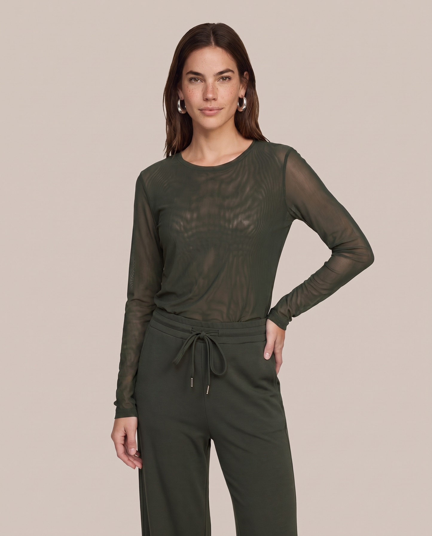 C&S THE LABEL TANEA Army Green Sheer Mesh Long Sleeve Top