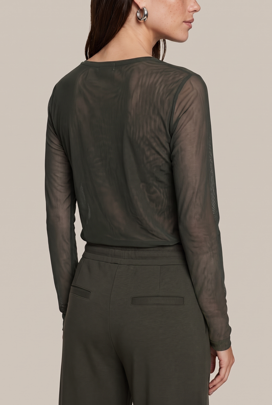 C&S THE LABEL TANEA Army Green Sheer Mesh Long Sleeve Top