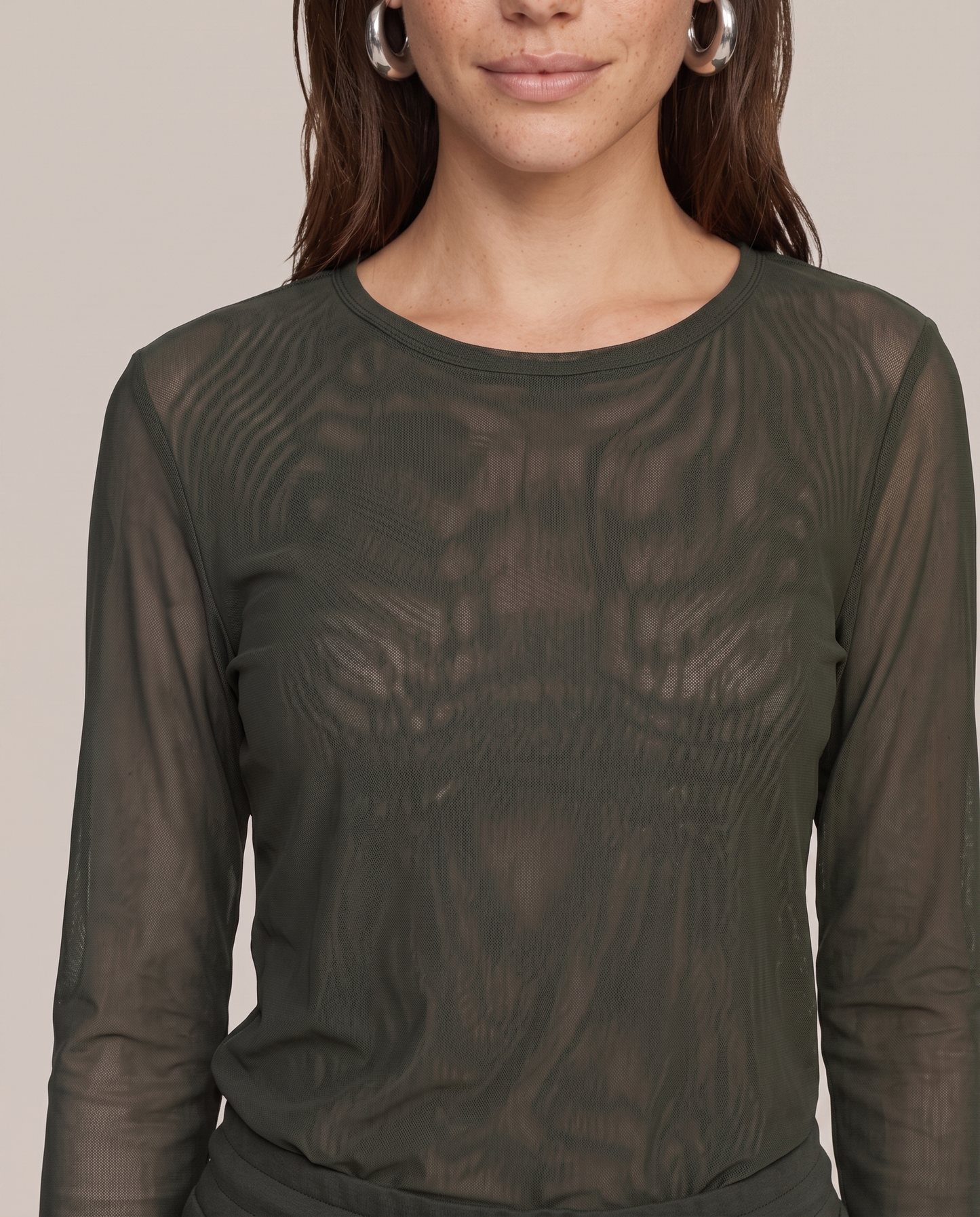 C&S THE LABEL TANEA Army Green Sheer Mesh Long Sleeve Top